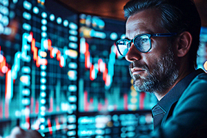image of a man looking at various computer screens